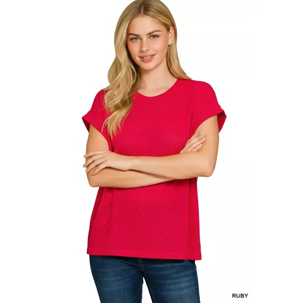 Zenana Hacci Slub Rolled Up Sleeve Tee